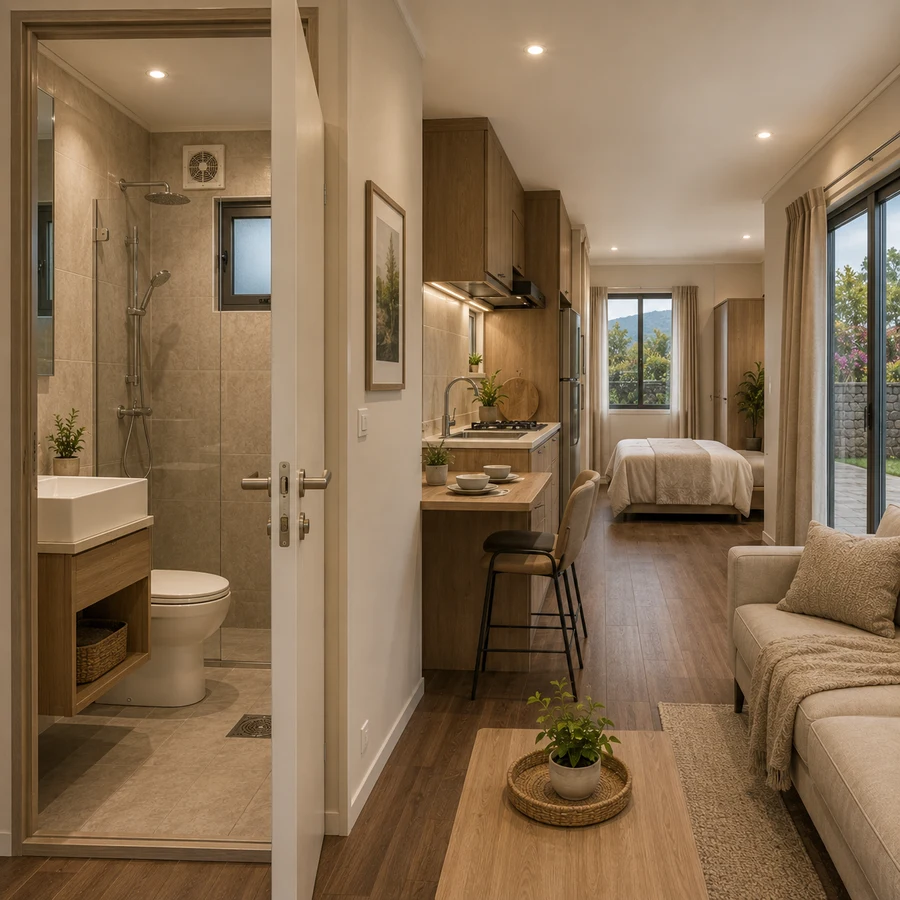 Looking back through a 20x10 ft container house towards a WC and basin beyond the sliding door