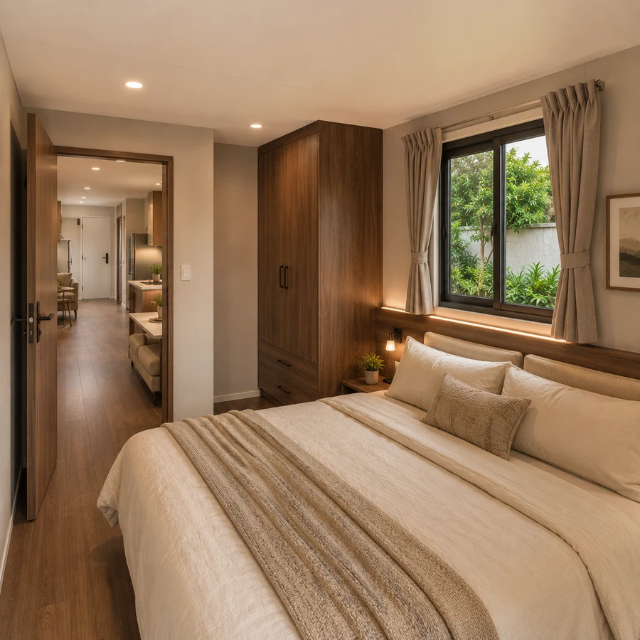 Bedroom inside a 20x10 ft container house, with a curtained bedroom with a window seat
