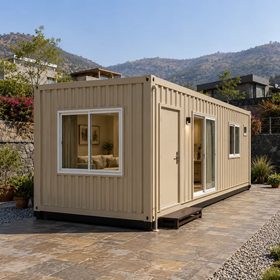 End view of a 20x10 ft container house, cream cladding with a pale base, on paving with planted borders and mountains behind