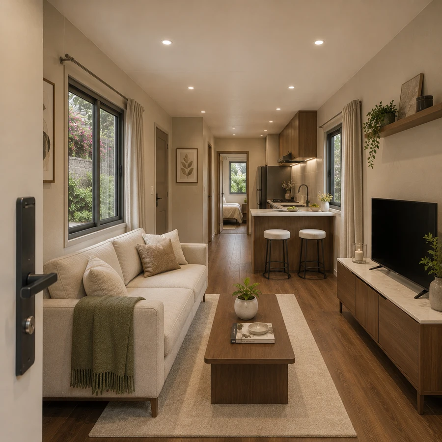 Entry and living area inside a 20x10 ft container house, with a long living run with a low TV console