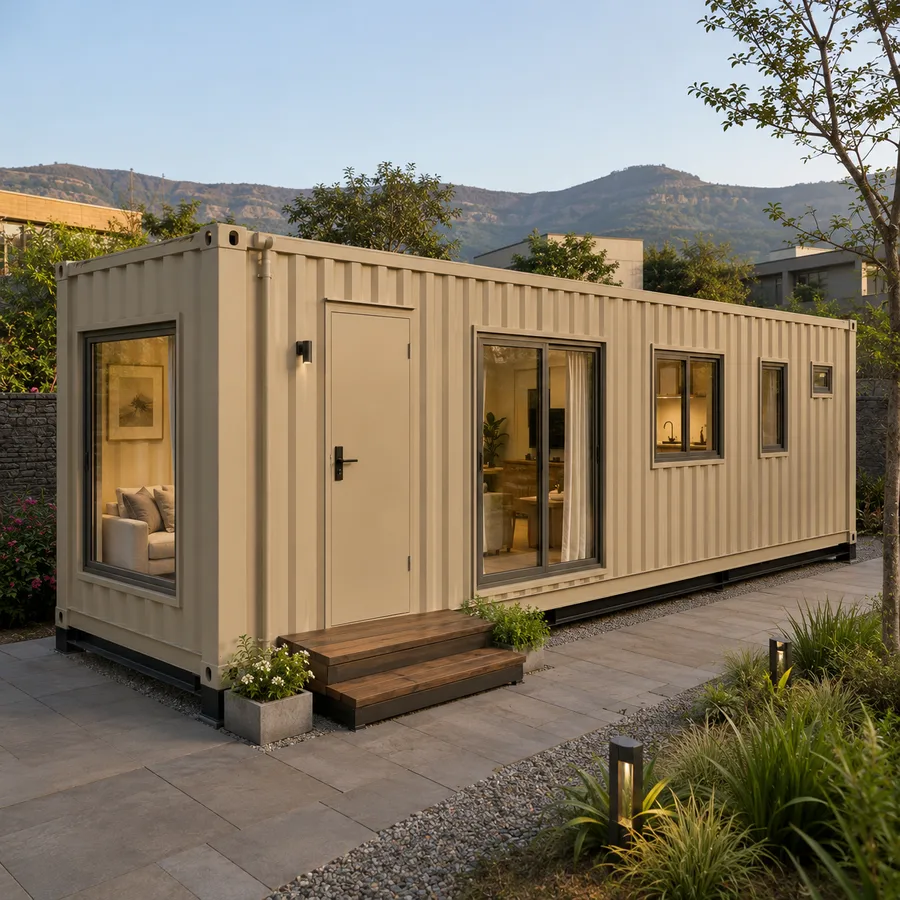 Front-left angle on a 20x10 ft container house in cream cladding with a pale base, on paving with planted borders and mountains behind