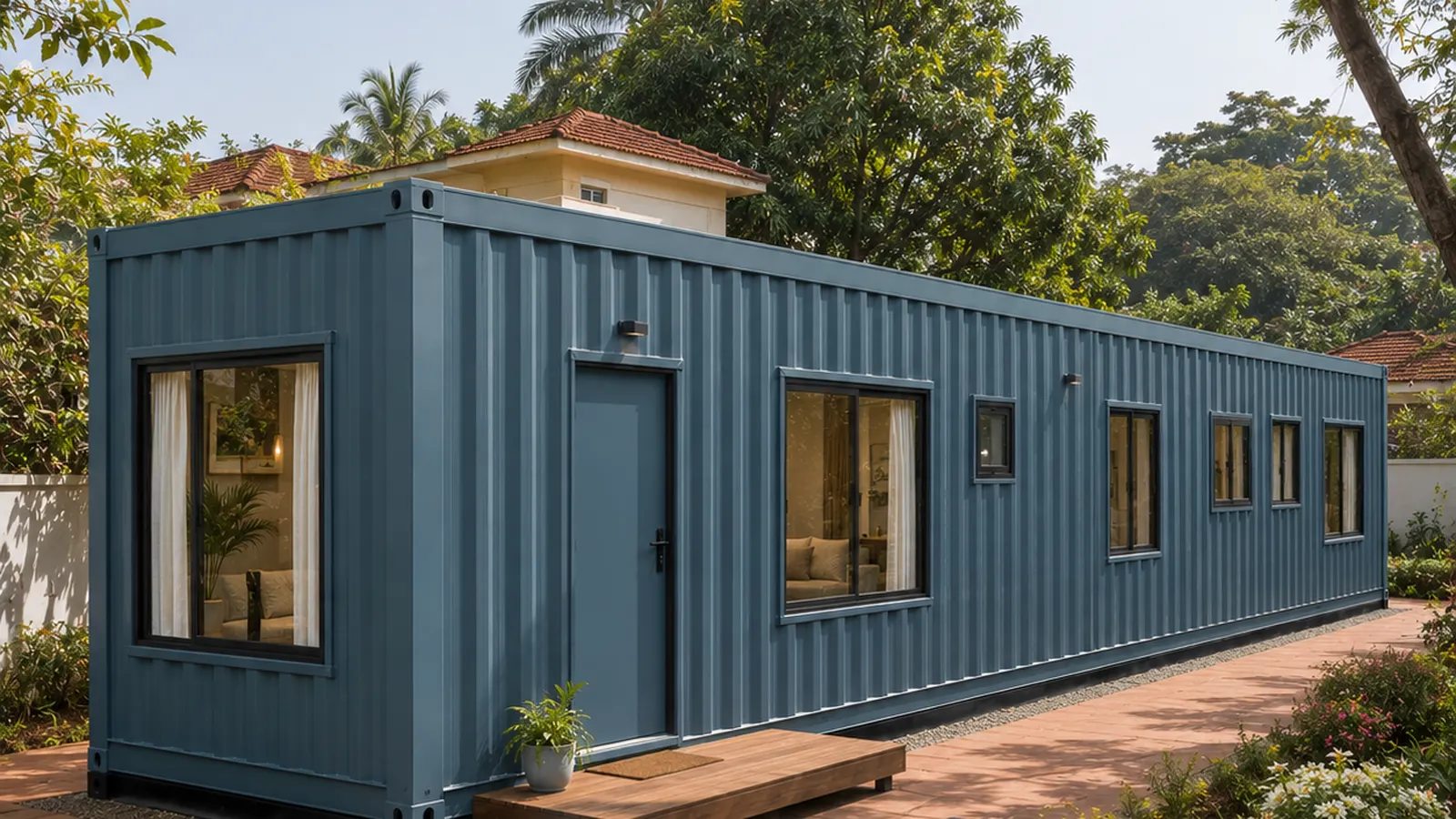 40 x 8 ft container house, front left exterior showing the entrance wall, the end wall window and the ISO corner castings