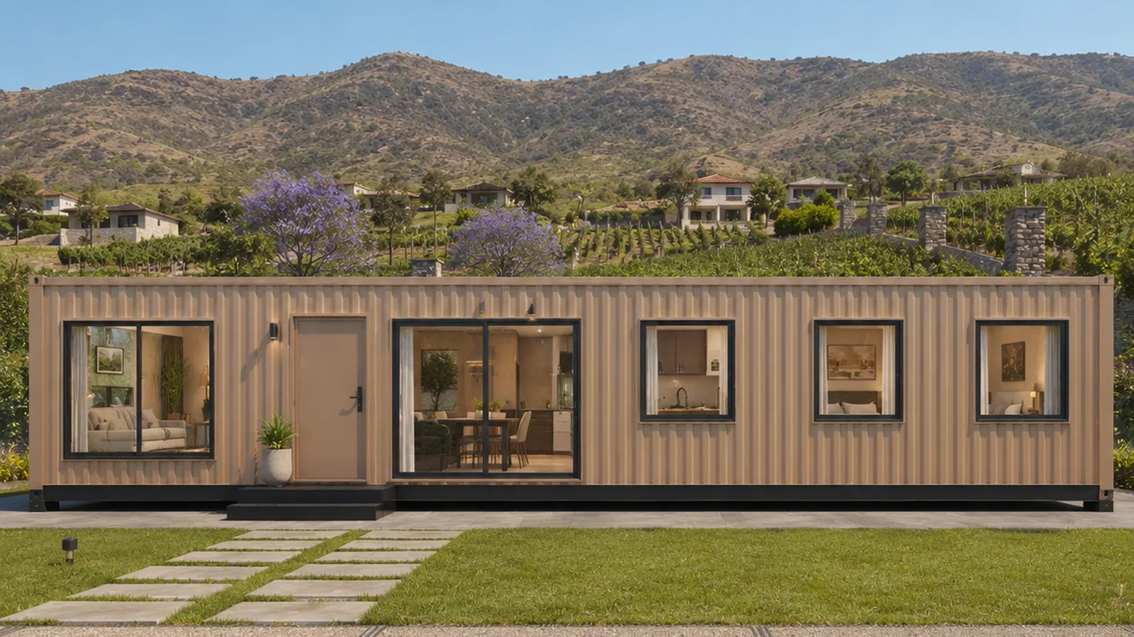 40 x 12 ft container house seen along its full length, showing the window run on the rear long wall