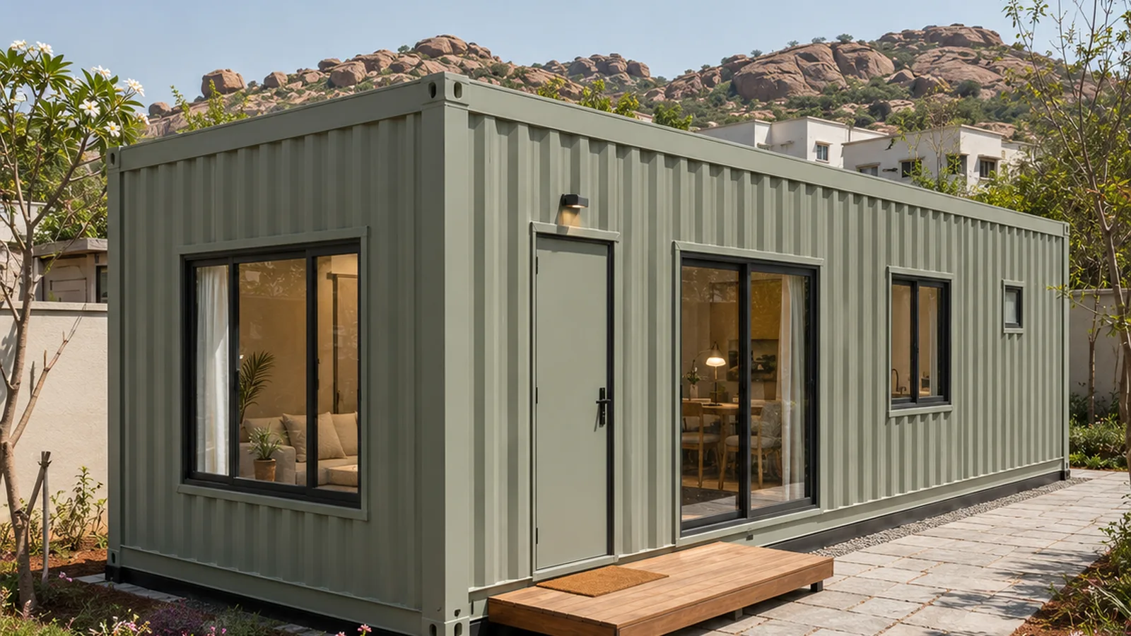 20 x 12 ft container house on a landscaped plot, front left exterior with the entrance door and living window