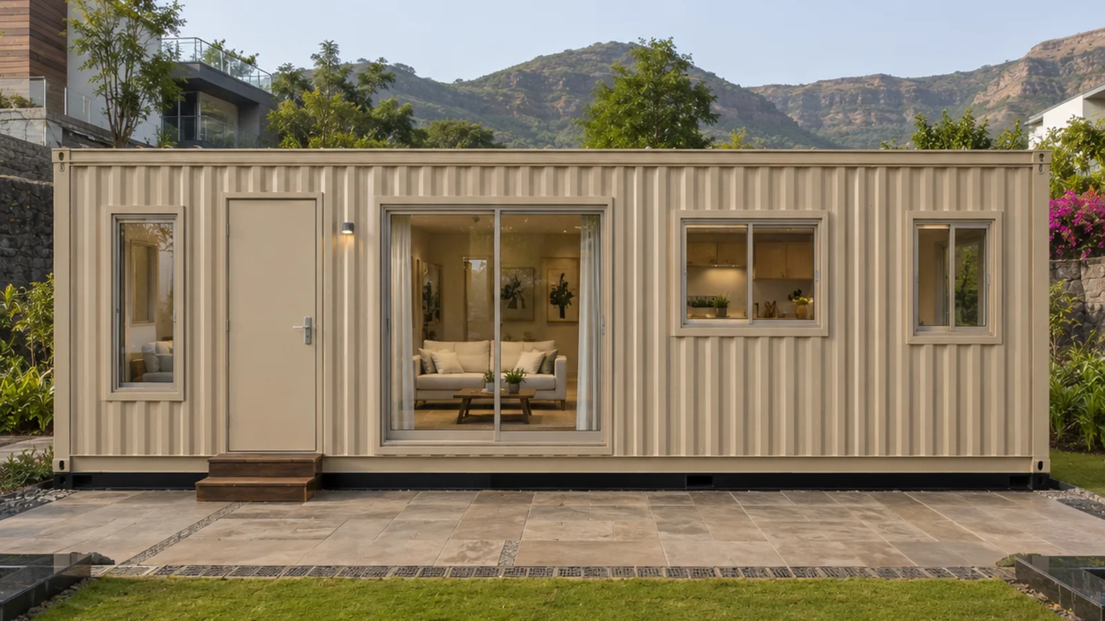 20 x 10 ft container house, wide exterior along the entrance long wall