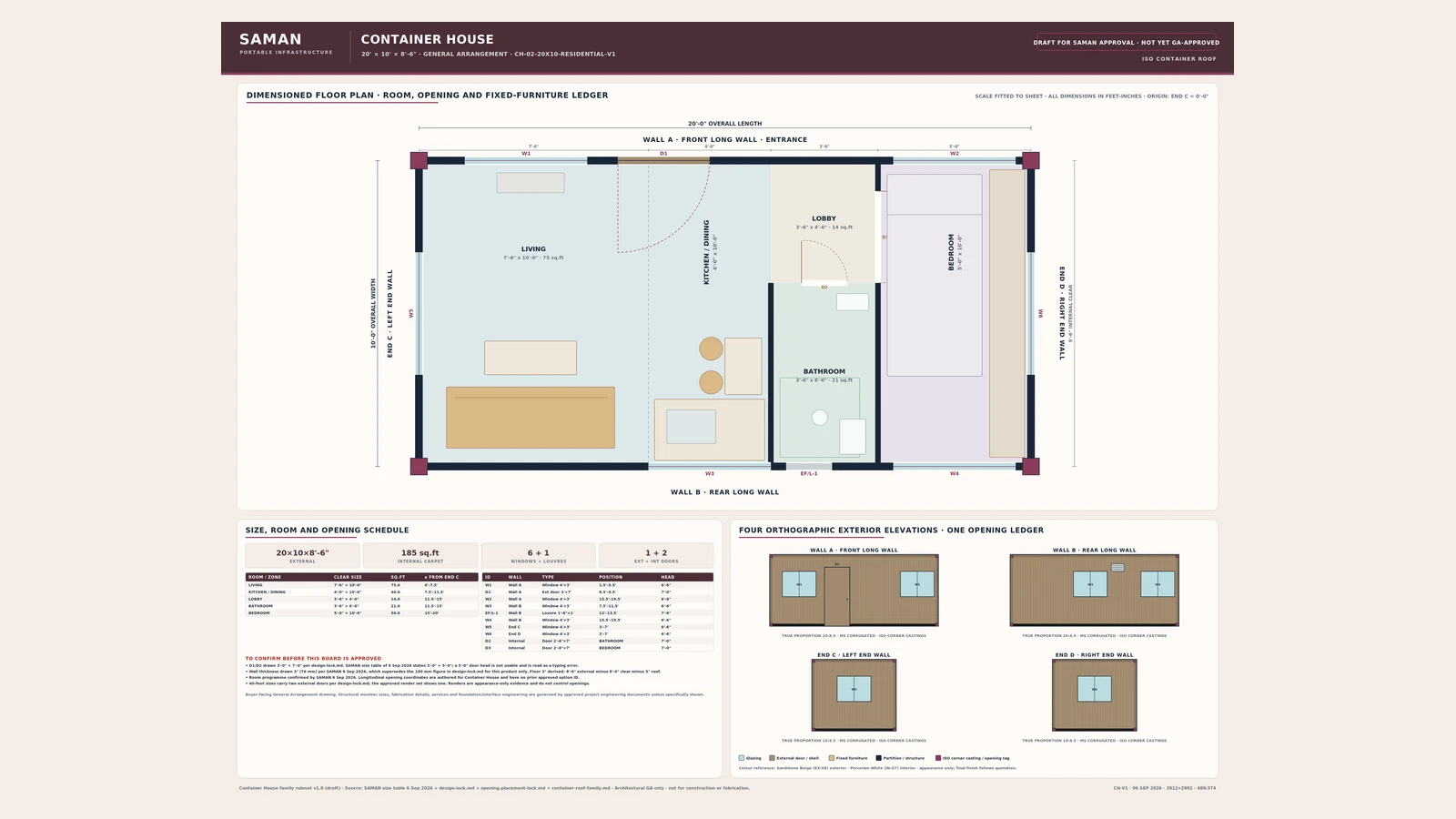General arrangement board for the 20 x 10 x 8.5 ft container house