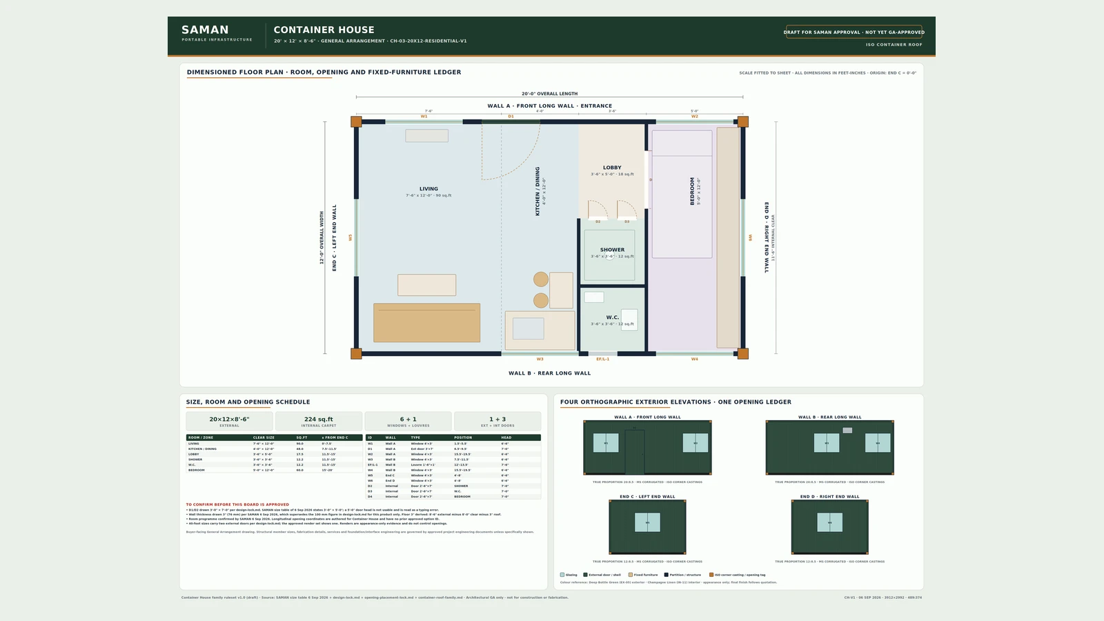 General arrangement board for the 20 x 12 x 8.5 ft container house