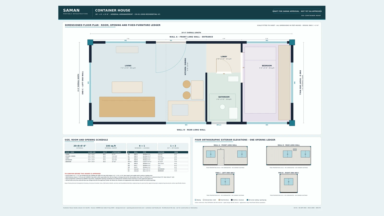 General arrangement board for the 20 x 8 x 8.5 ft container house