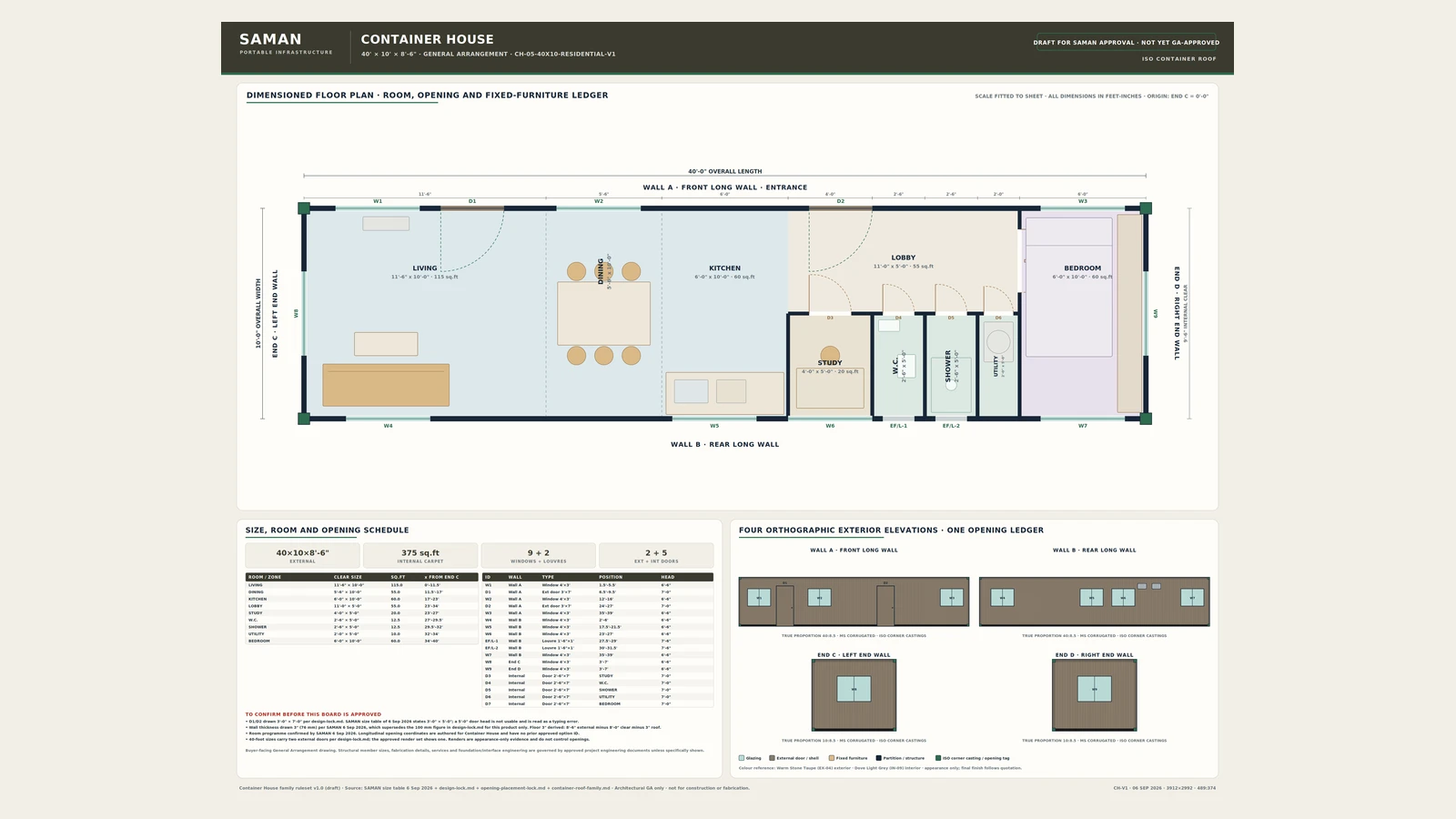 General arrangement board for the 40 x 10 x 8.5 ft container house