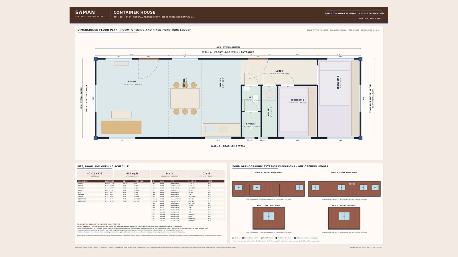 General arrangement board for the 40 x 12 x 8.5 ft container house