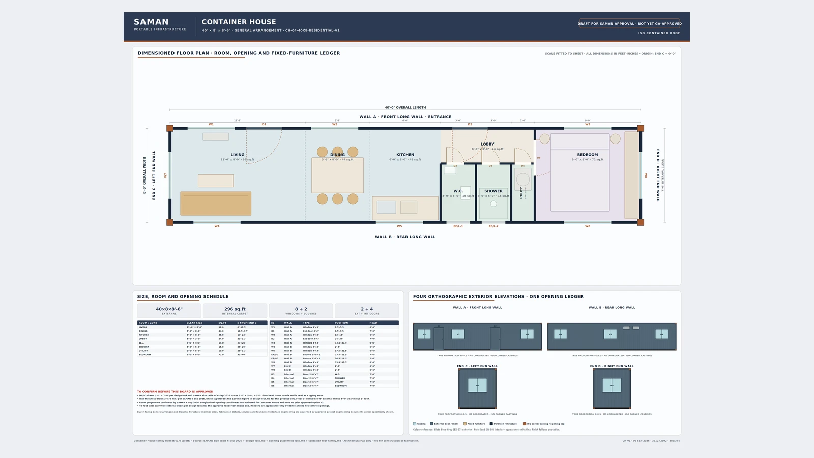 General arrangement board for the 40 x 8 x 8.5 ft container house