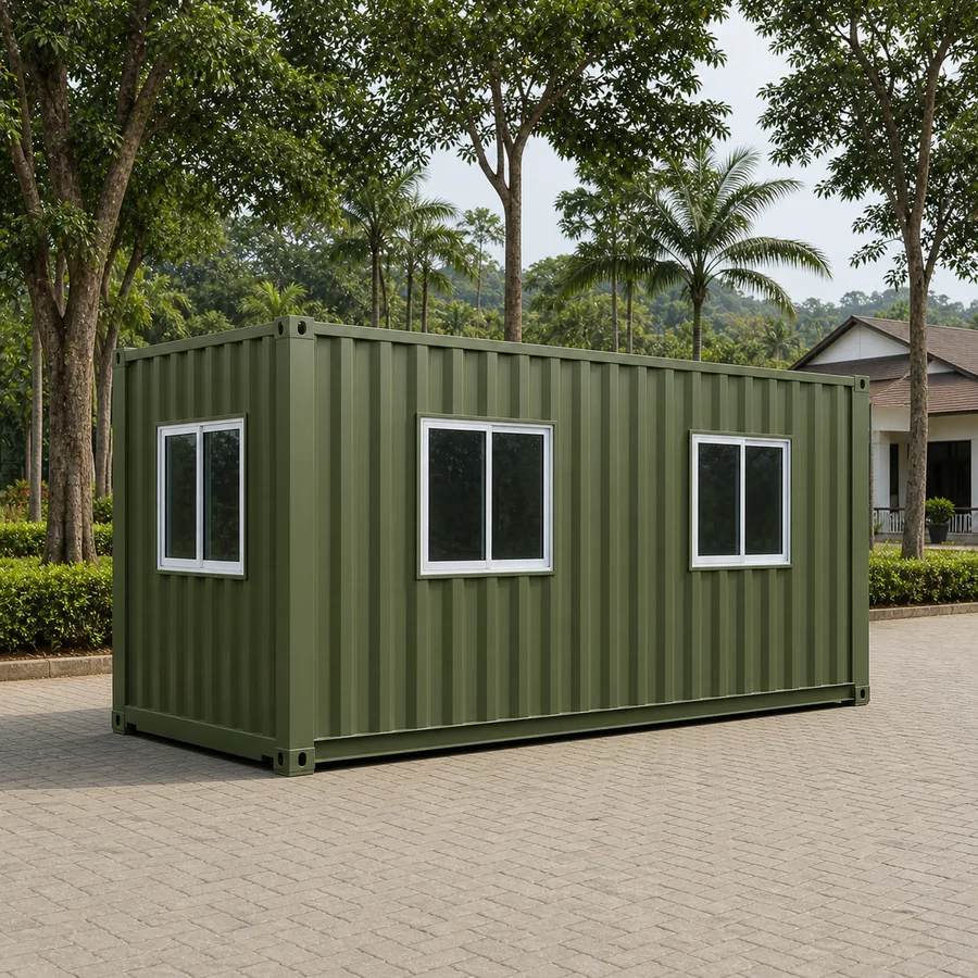 Moss olive 20x10 ft cabin, three-quarter view with white-framed windows along the long wall