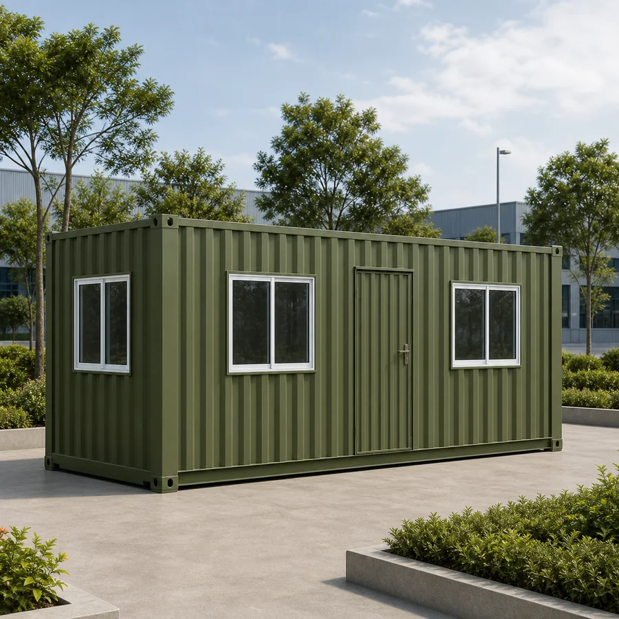 Moss olive 20x10 ft cabin beside a clipped hedge, door and three windows on the visible face