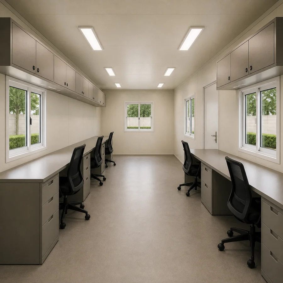 Frosted ivory 20x10 ft cabin interior, desk runs on both sides with a clear central aisle