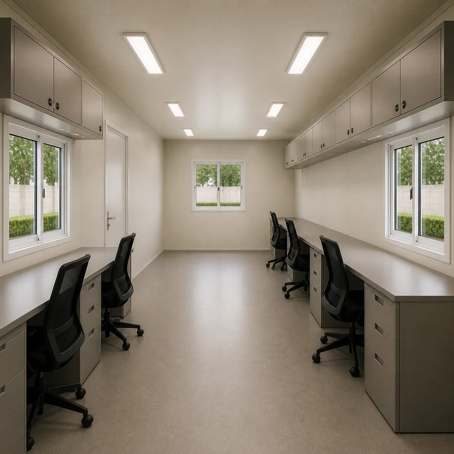 Frosted ivory 20x10 ft cabin interior from the corner, overhead cabinets over facing desk runs