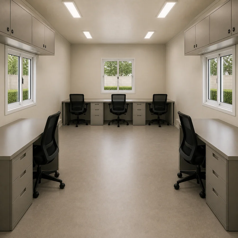 Frosted ivory 20x10 ft cabin interior along the aisle, pedestal units beneath both desk runs