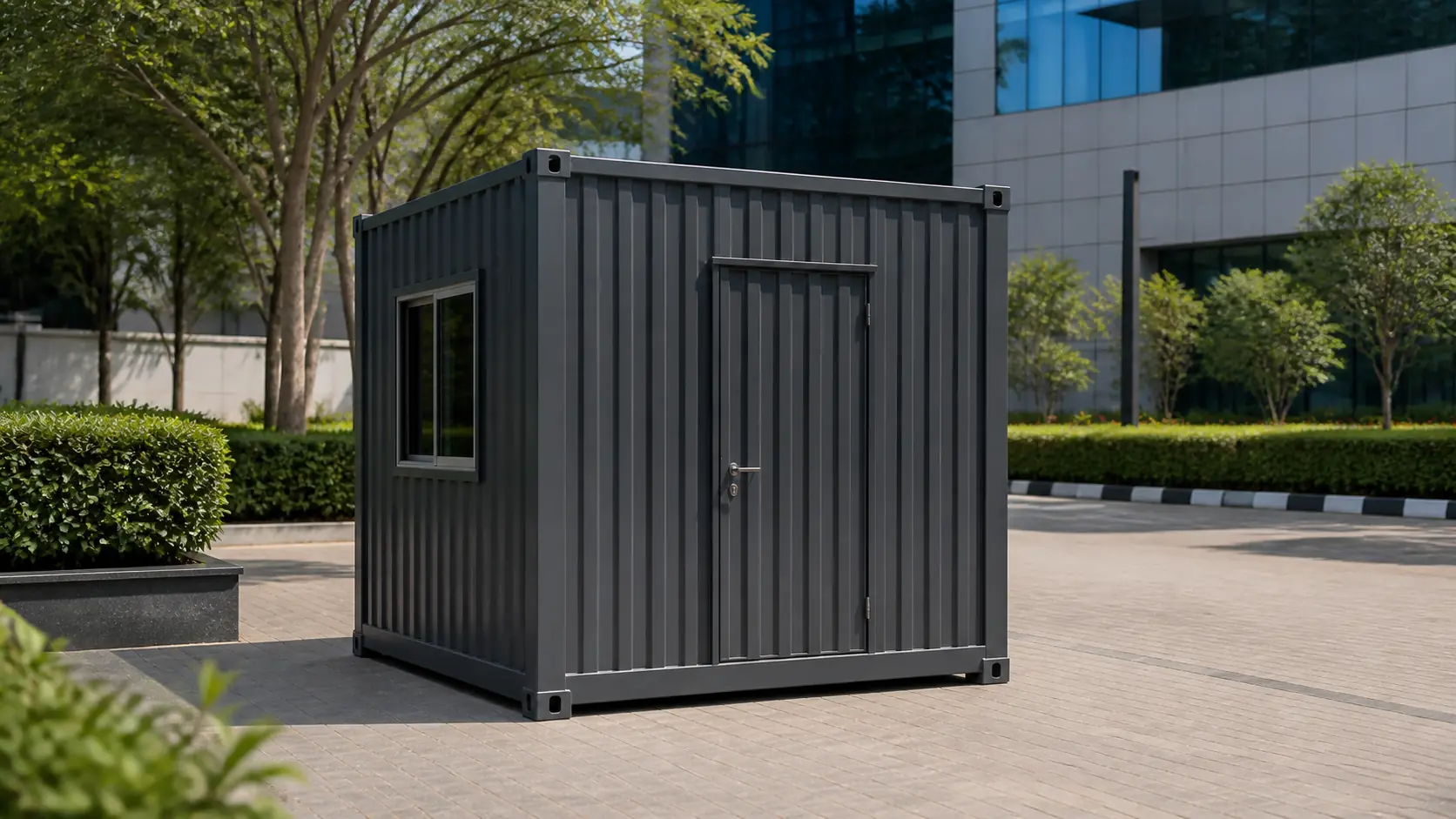 Basalt graphite 10x10 ft container office cabin standing on a levelled paved pad