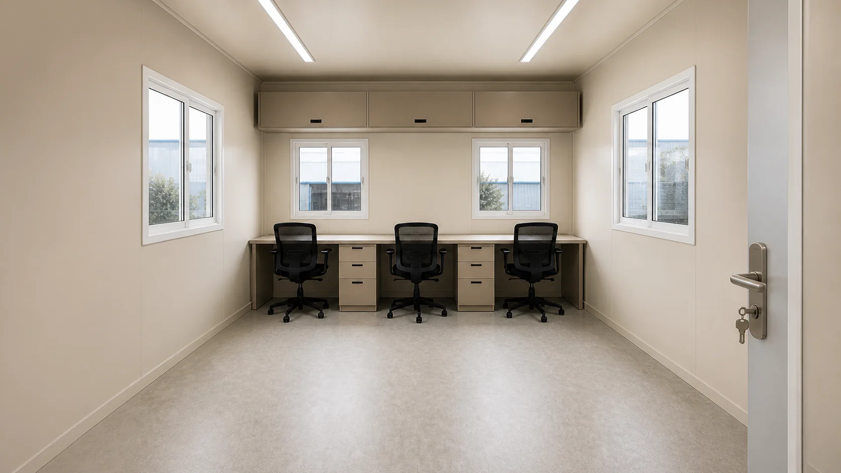 Almond interior of a 20x8 ft cabin, one desk run of three workstations under the window line