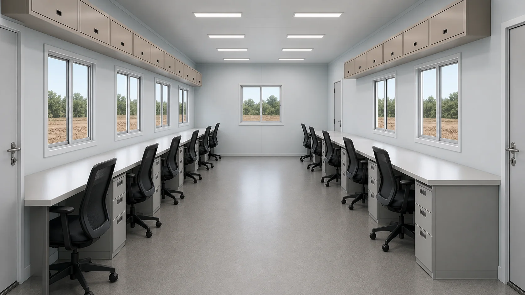 Cloud grey interior of a 30x10 ft cabin, twelve workstations in two runs along the long walls