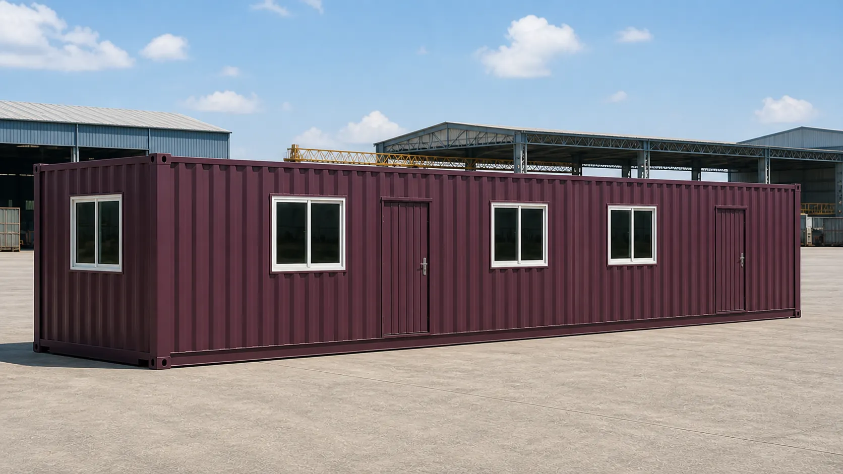 Aubergine plum 40x8 ft container office cabin in long elevation with its ten-window line