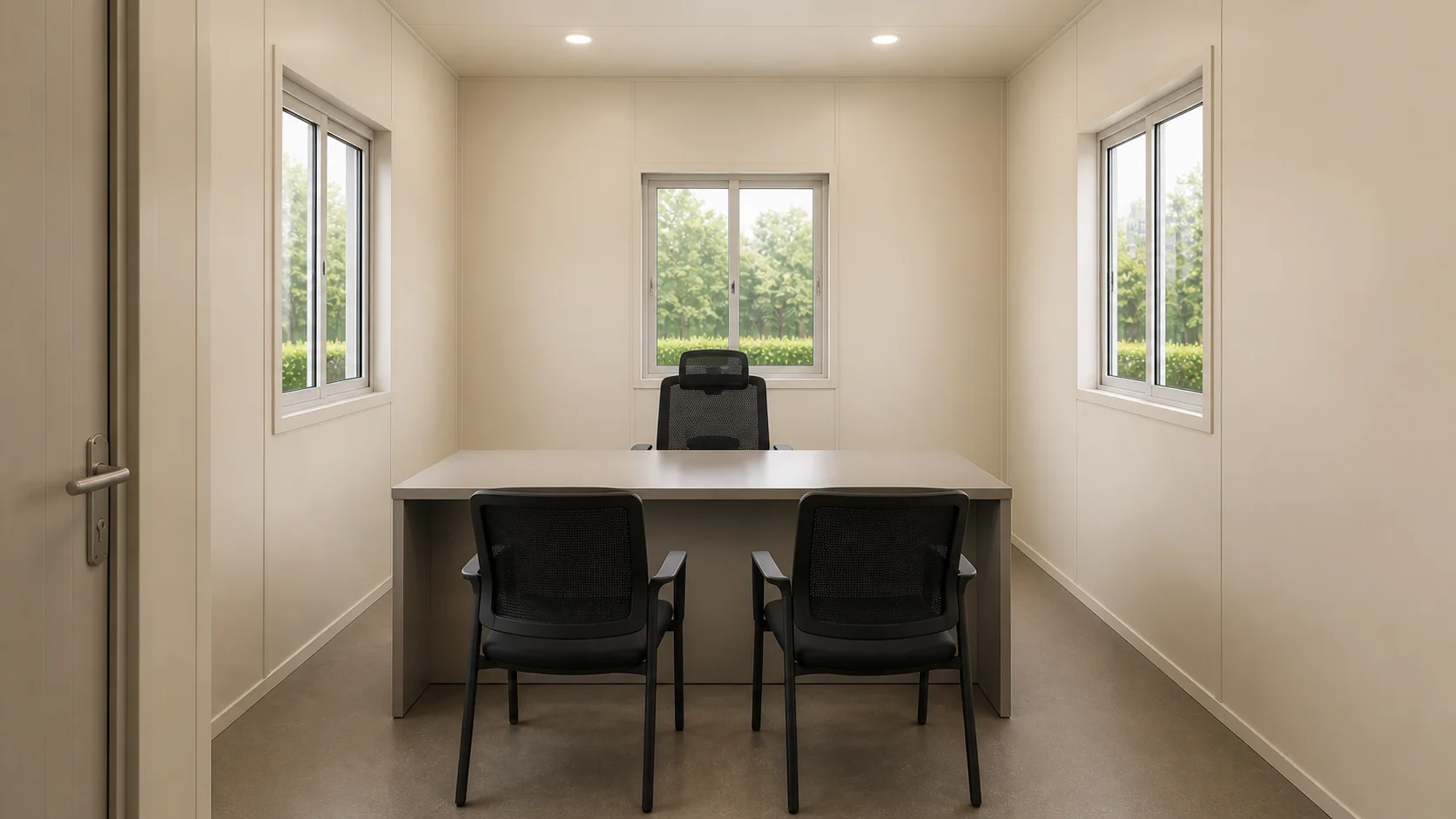 Pale oat manager room in a 40x10 ft cabin, meeting table and chairs beside the partition
