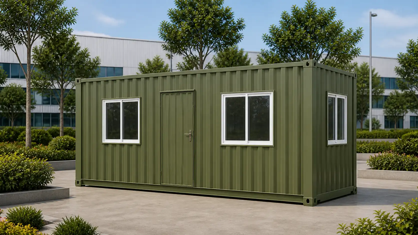 You may also like card for Moss olive 20x10 ft container office cabin on paved ground, door and window line on the long wall