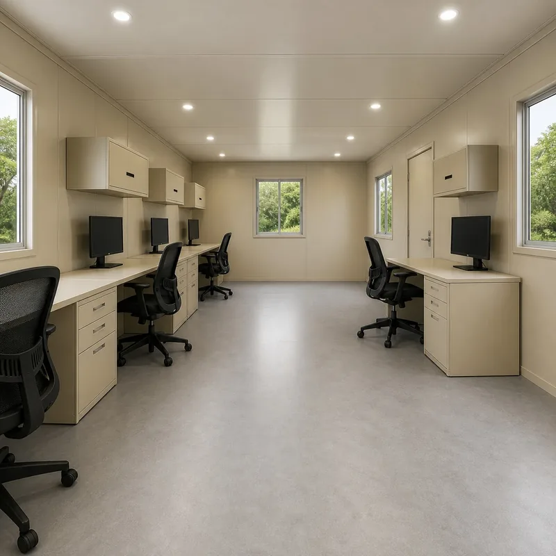 Interior of a 20x10 ft container office with desks along both walls and a clear central aisle
