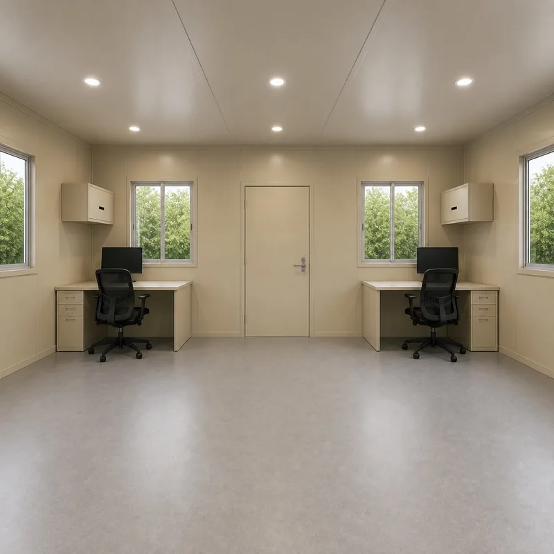 Interior of a 20x10 ft container office looking toward the end door, with desks and cabinets each side