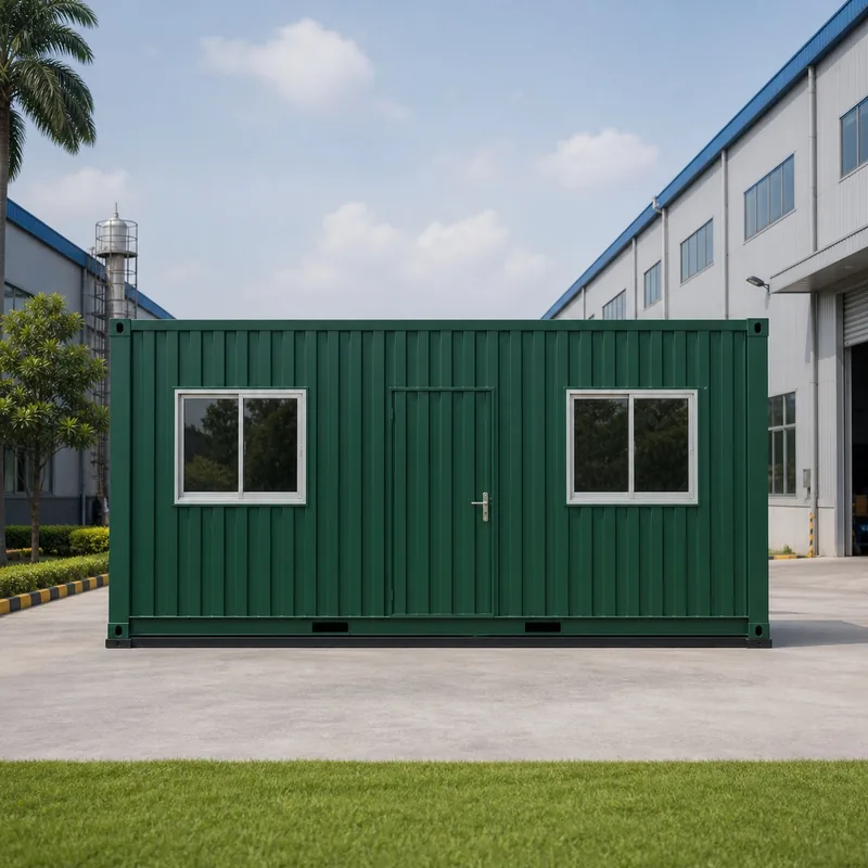 Front elevation of a deep forest green 20x10 ft container office with a central door and two windows