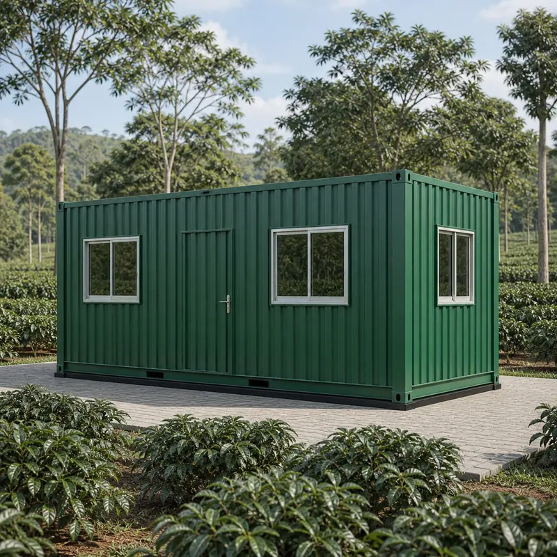 Deep forest green 20x10 ft container office in landscaped grounds with planting and hills behind