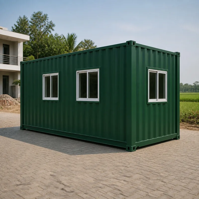 Deep forest green 20x10 ft container office on a paved courtyard, corner view with three windows