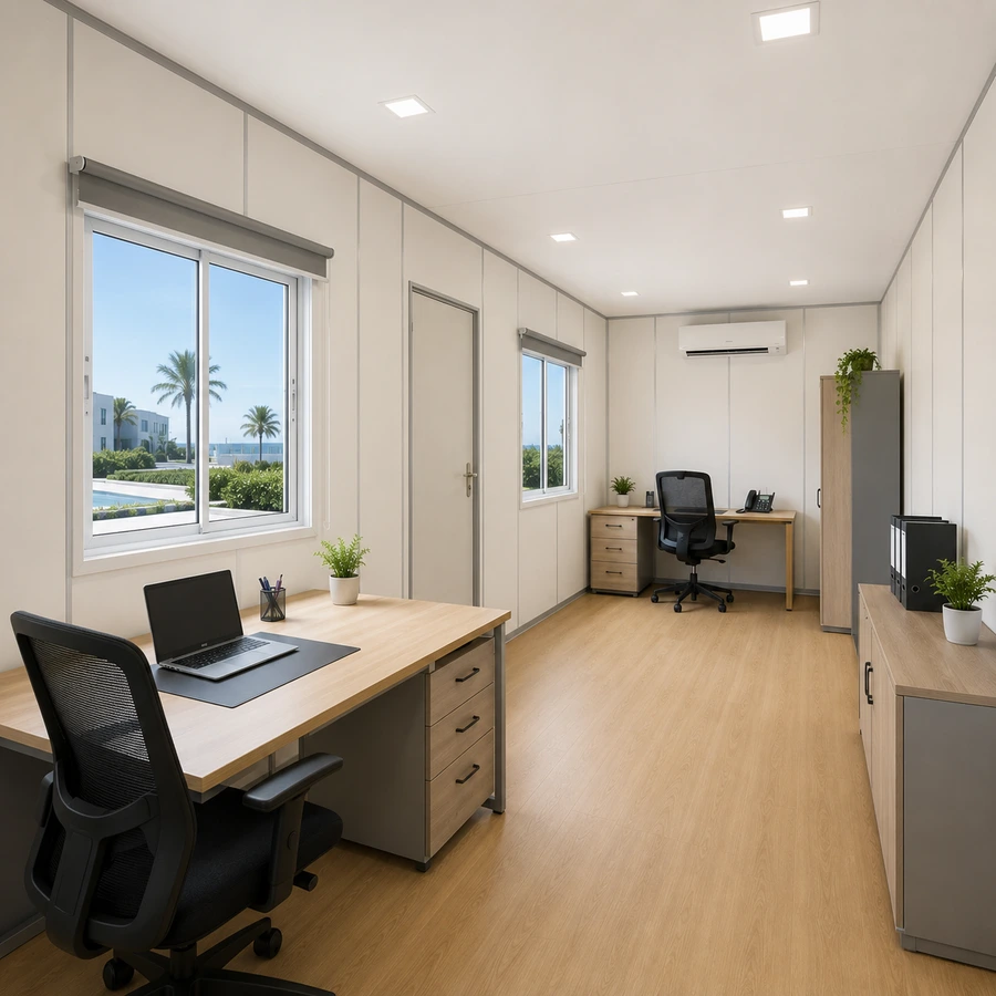L-shaped corner desk fitted inside a 20x10 ft container office interior