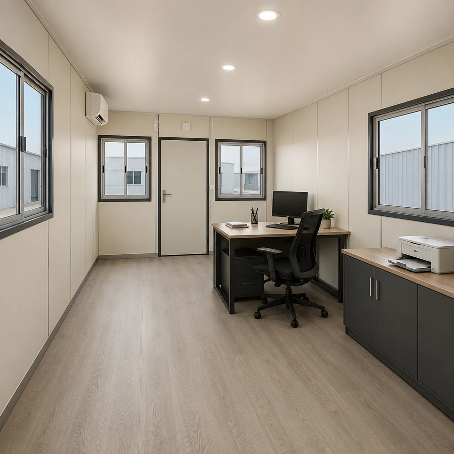 View towards the entry door of a 20x10 ft container office with a desk beside the doorway