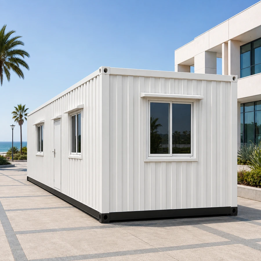 White 20x10 ft container office viewed from the front with dark trim around openings