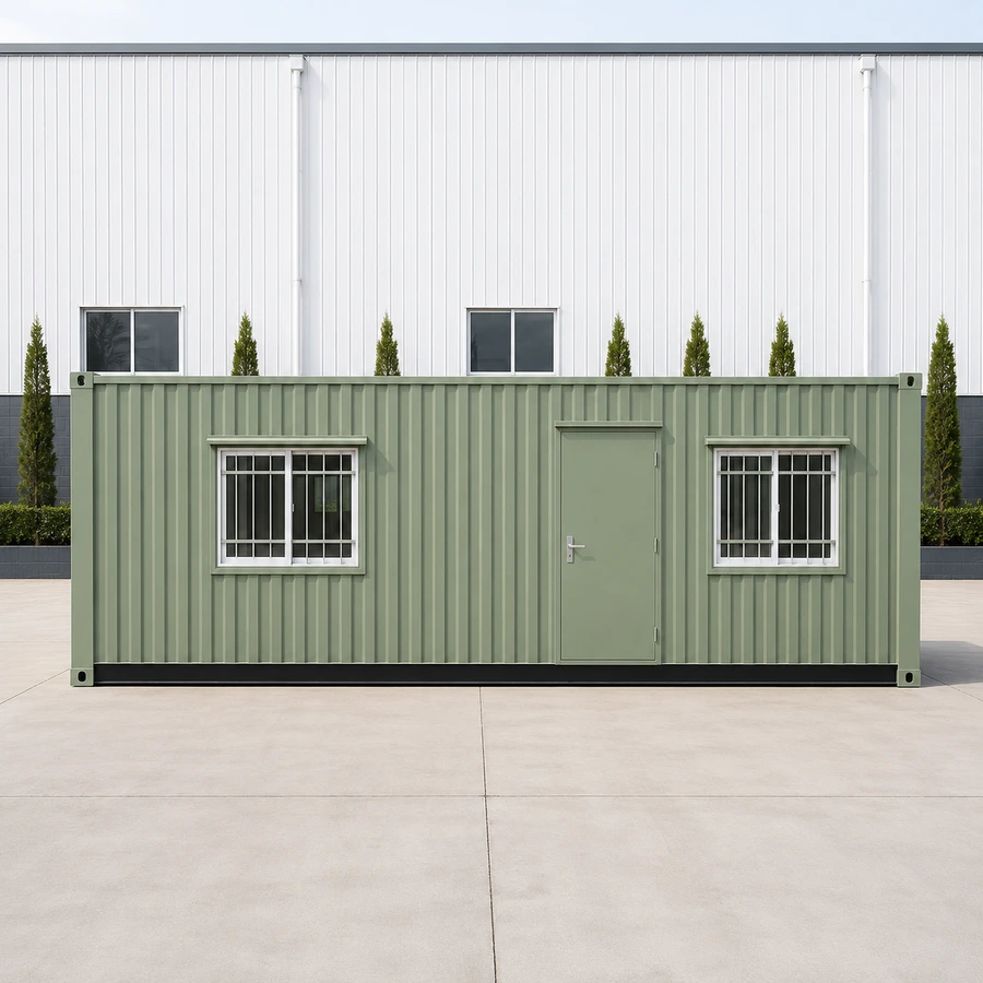 Green-painted 20x10 ft container office, hero exterior angle with corrugated steel cladding