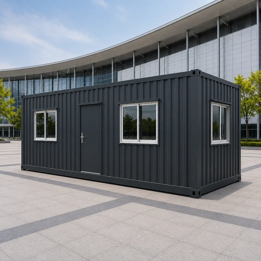 Black side elevation of a 20x10 ft container office, matt finish and flush window frames