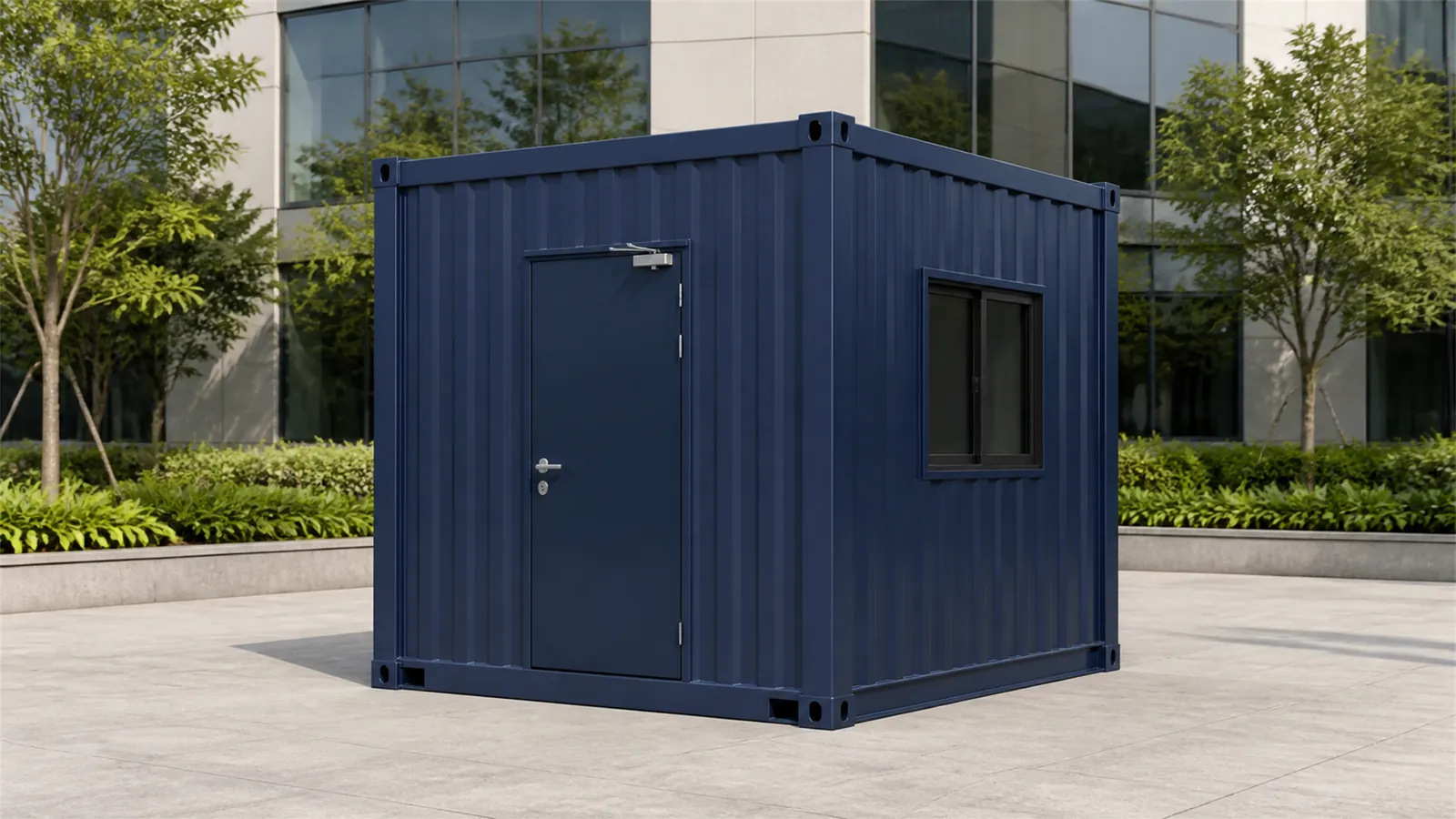 Midnight navy 10x10 ft container office on paving, with a single door, one window and black corner castings