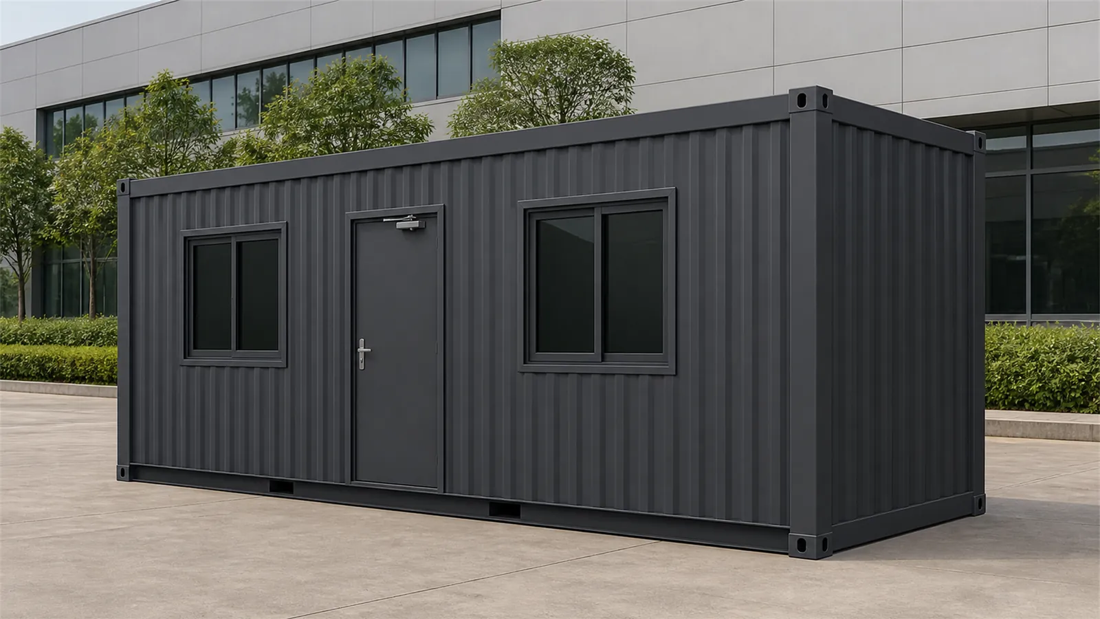 Graphite charcoal 20x8 ft container office with two windows either side of a central door, on paving