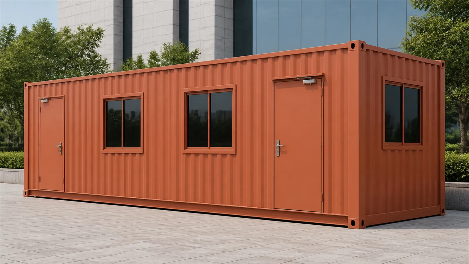 Burnt terracotta 30x10 ft container office with two doors and three windows visible, on paving