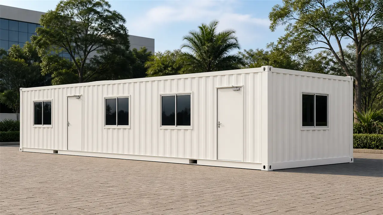 Pearl white 40x10 ft container office with a row of windows and a door on the long wall, palms behind
