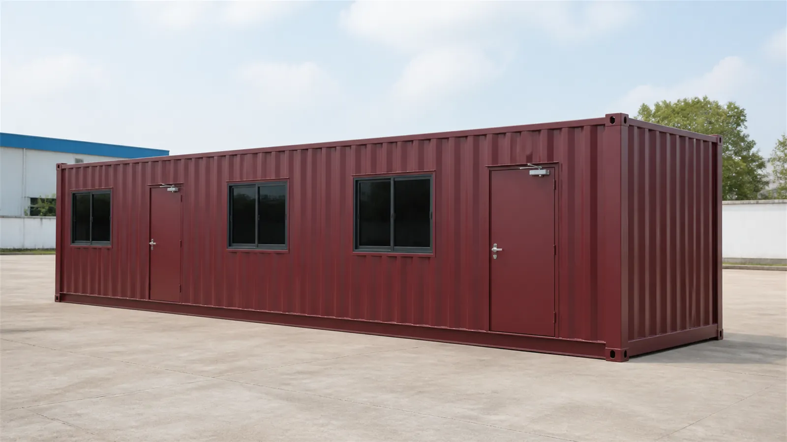 Deep burgundy 40x8 ft container office with windows and a door on the long wall, industrial building behind