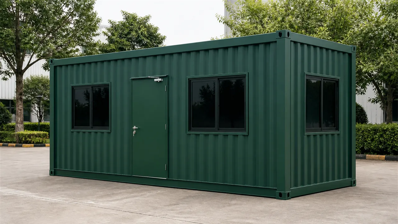 Deep forest green 20x10 ft container office with a central door and windows either side, on paving
