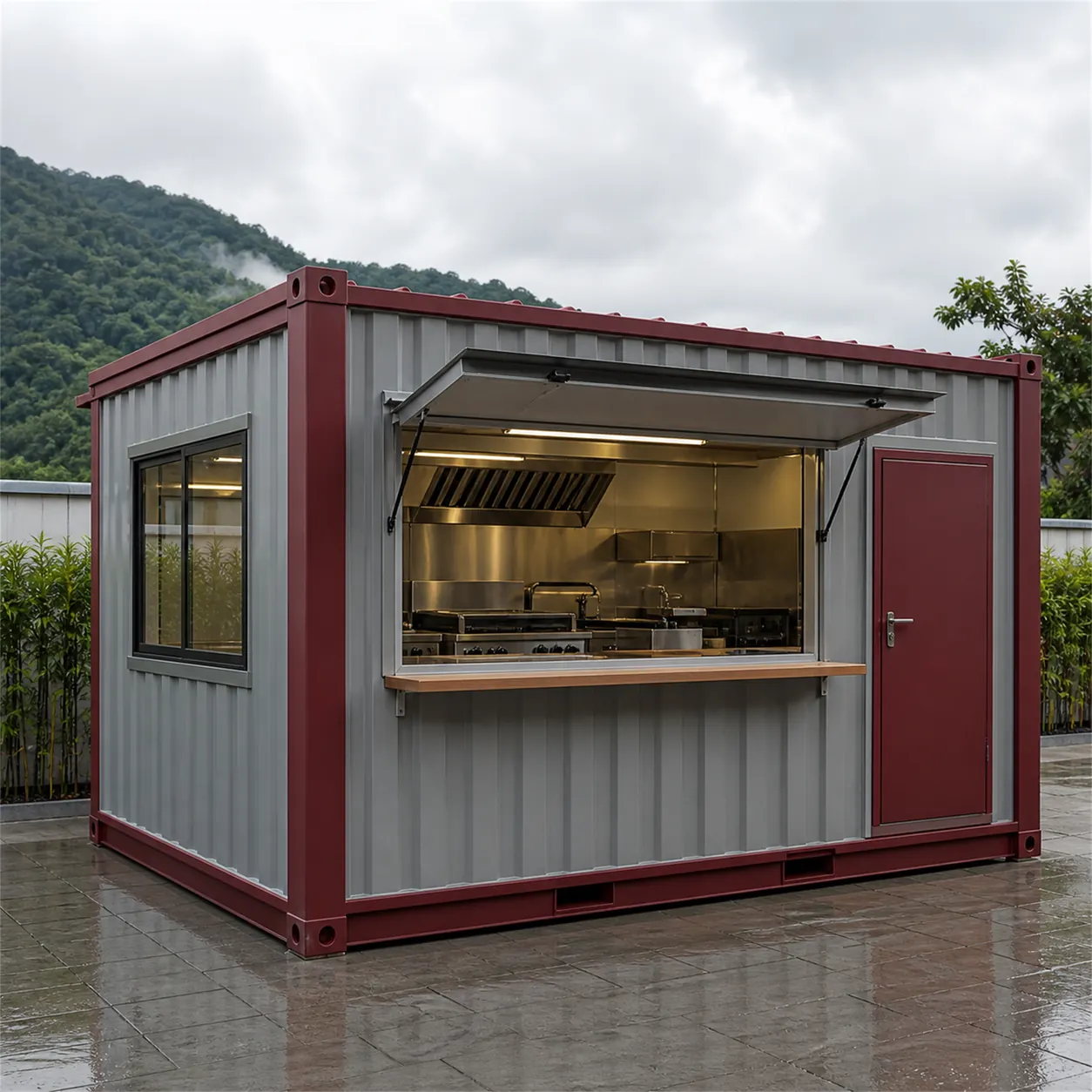 SAMAN container restaurant 10x10x8.5 ft, front left three-quarter hero view