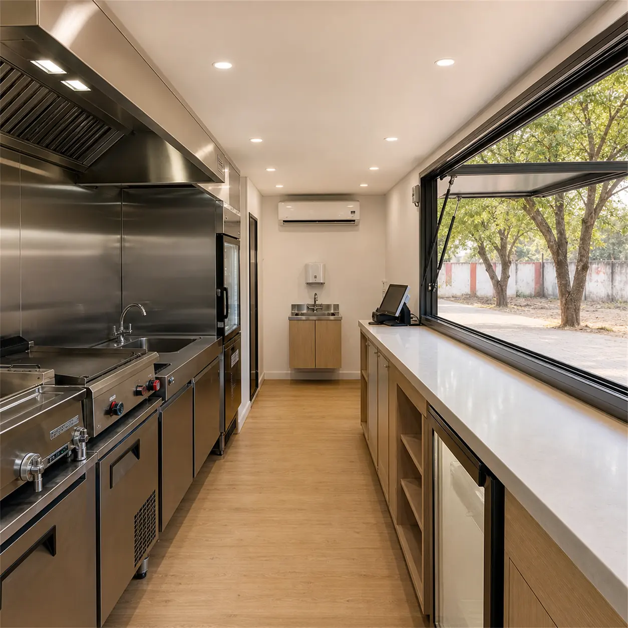 SAMAN container restaurant 20x10x8.5 ft, interior along the entrance axis
