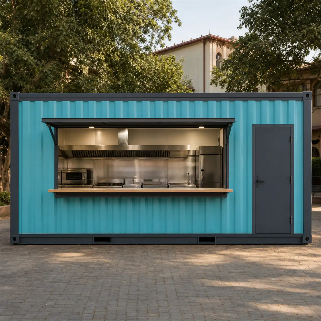 SAMAN container restaurant 20x10x8.5 ft, straight-on front elevation