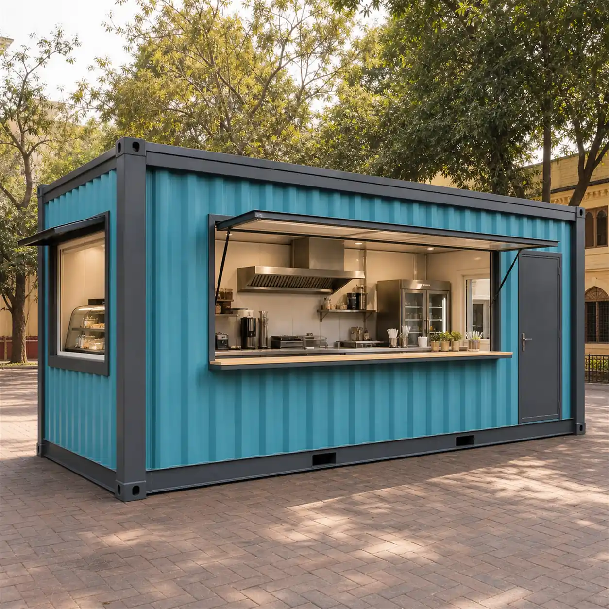 SAMAN container restaurant 20x10x8.5 ft, front left three-quarter hero view