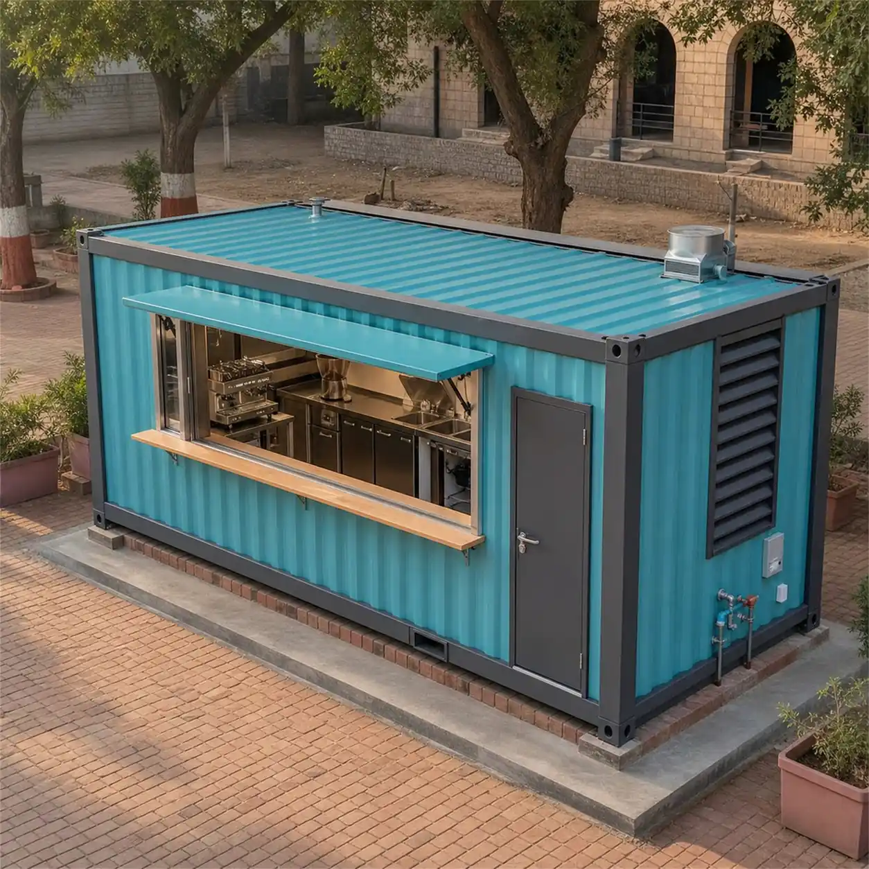 SAMAN container restaurant 20x10x8.5 ft, elevated front right view
