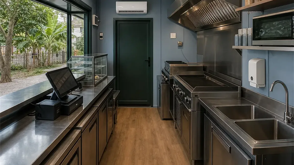 SAMAN container restaurant 40x10x8.5 ft, interior of the primary zone, wide view