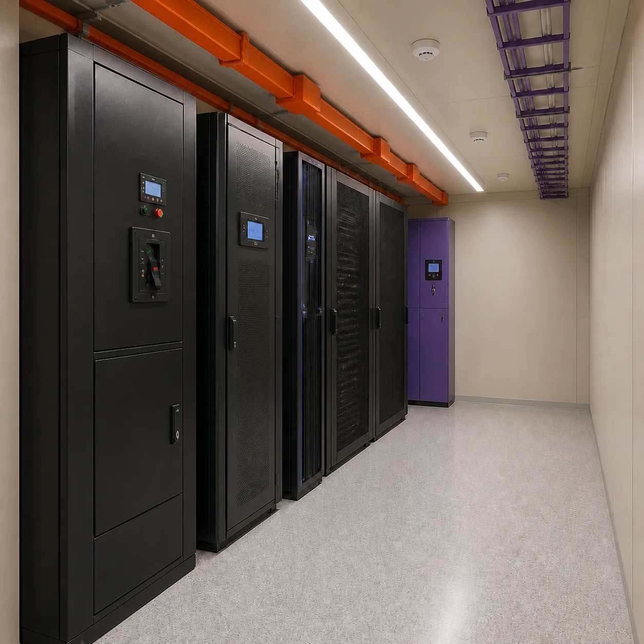 Inside the 10 ft edge unit, LV panel, UPS, cooling bay and two racks along one wall