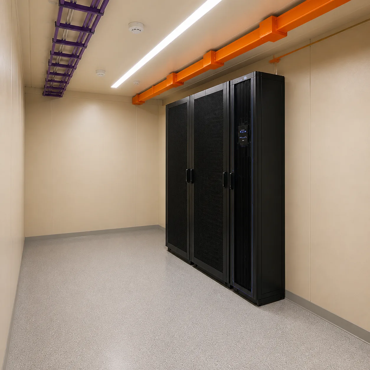 Two rack bays and one in row cooling unit in the 10 ft edge data center container